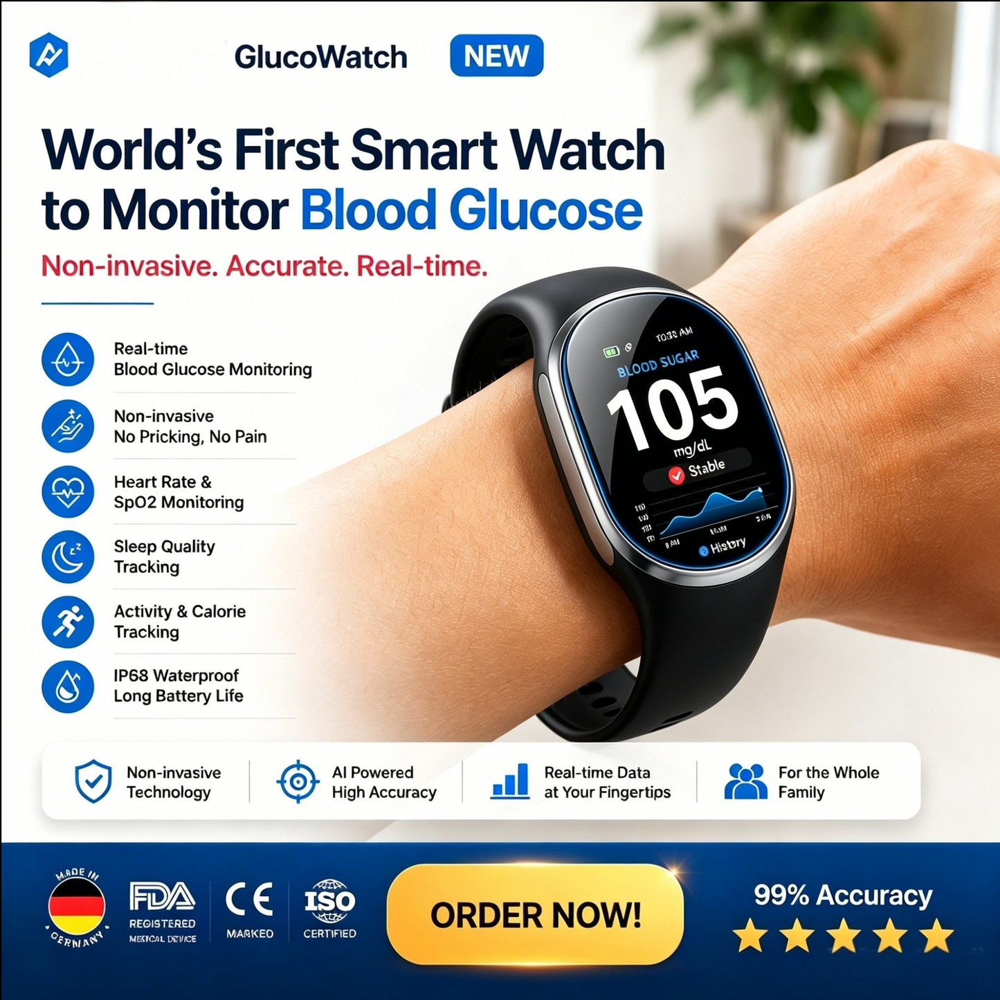 🎉 75% OFF Launch Offer🏆Aurora Tech™ GlucoWatch  99.13% Accuracy • Non-Invasive Technology