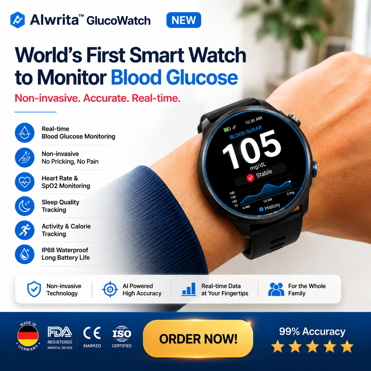 🎉 75% OFF Launch Offer🔥Alwrita™ GlucoWatch  99.13% Accuracy • Non-Invasive Technology
